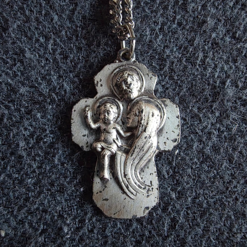 Vintage Holy Family Cross Pendant Necklace Jesus Mary Joseph 7 Years Indulgence